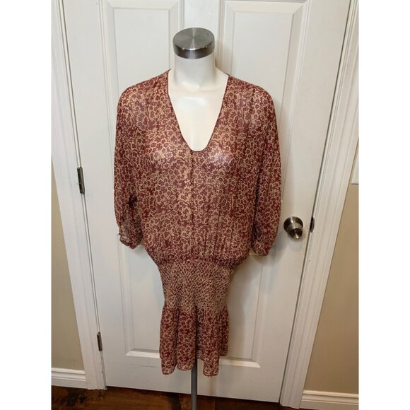 Ulla Johnson Maroon & Tan Floral Sheer Drop Waist Silk Dress, Size 0 - Picture 1 of 5